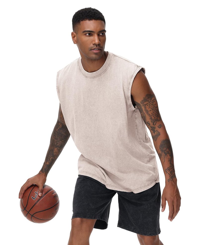 Mens Workout Tank Tops Sleeveless Tee Shirts Men Muscle Shirt Gym Acid Wash T Shirts Running Beach Loose Fit Tee(AC,3XL) Ivory
