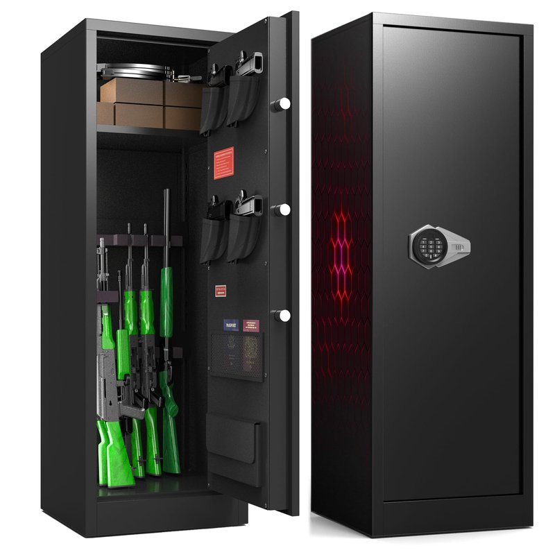 Marcree 8-10 Gun Safe for Rifles & Pistols, Quick Access Rifle Safe with Dual Alarm, Mute Mode, Adjustable Shelves & Pistol Pockets, Gun Cabinet for Shotguns