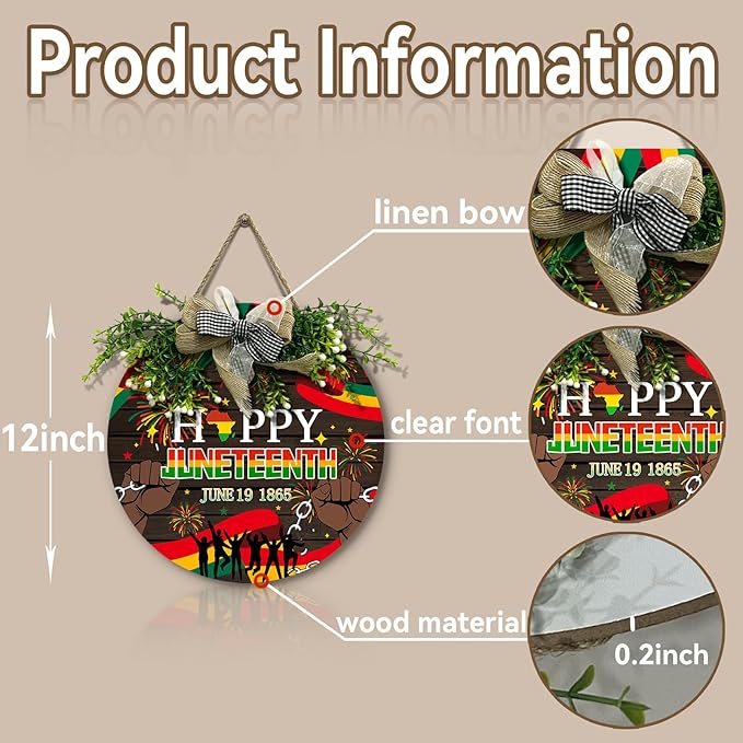 Happy Juneteenth Decorations Door Sign Wooden June 1865 Yard Signs Black Pride Front Door Decor Wreaths Freedom Day Wall Hanger African American Independence Day Festival Plaque 12 Inch