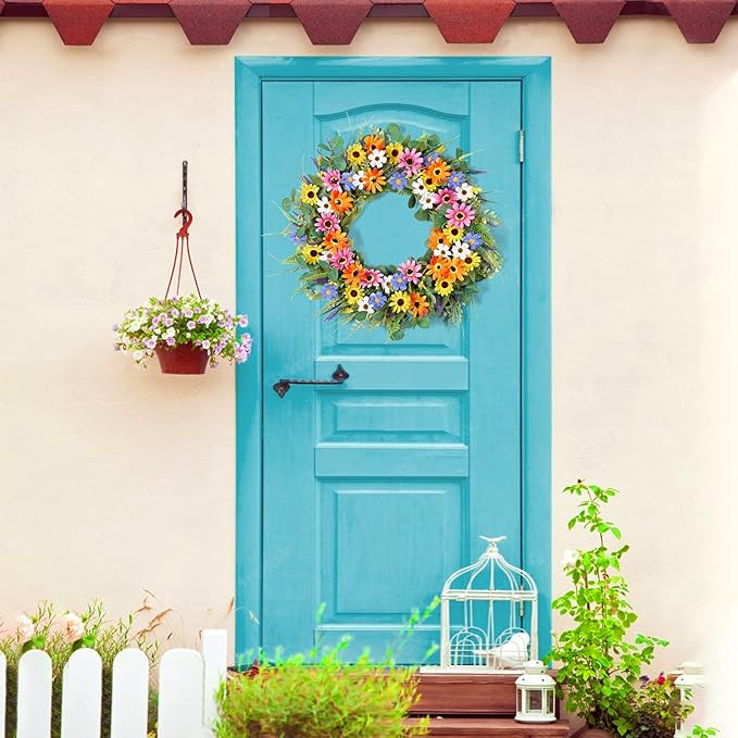 Dremisland 22 Inch Colorful Daisy Wreath Spring Summer Wildflower Wreath with Green Eucalyptus Leaves for Front Door Artificial Floral Wreaths Window Wall Farmhouse Wedding Party Festival Decor