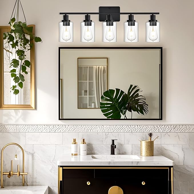 Bathroom Vanity Light Fixtures,5-Light Black Wall Lights for Living Room,Bathroom Light Fixtures Over Mirror,Wall Lamps for Bedroom with Clear Glass Shade for Hallway,Kitchen,Cabinet