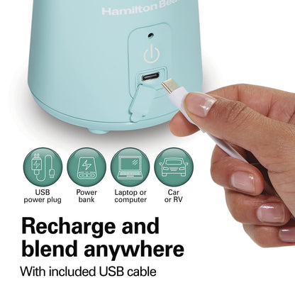 Hamilton Beach Mini Cordless Portable Personal Blender for Shakes and Smoothies, USB Rechargeable, 16 oz. Jar with Leakproof Travel Lid, 6 Stainless Steel Blades, Pink (51181)