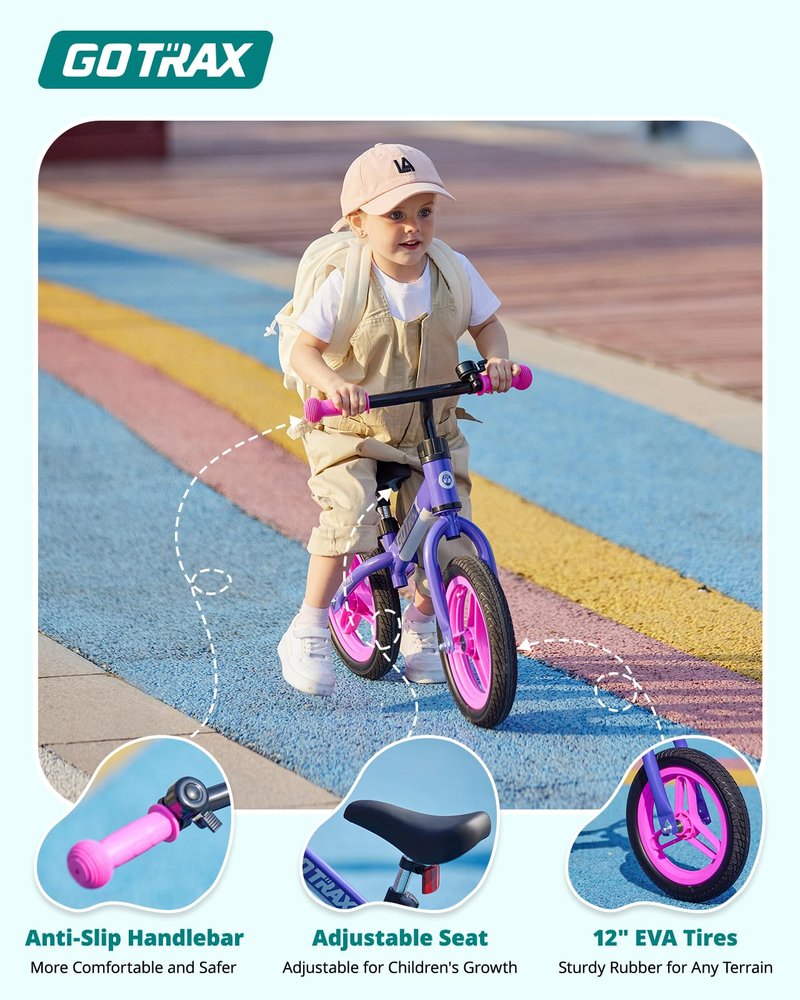 Gotrax KS12 Balance Bike for 2-5, 12" Toddlers Push Bike with LED Light, Adjustable Seat & Handlebar, Flat-Free Tires & Easy Assembly Kids Bicycle, Lightweight & No Pedal, Gift for Boys Girls, Blue