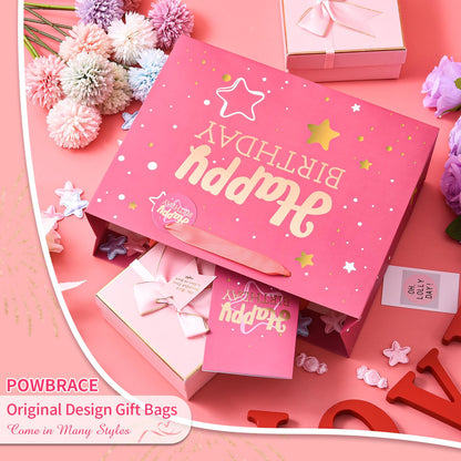 13" Pink Happy Birthday Gift Bag with Tissue Paper and Greeting Card for Party,Happy Birthday Gift Bag for Men Women,Gift Bags Medium size(1 PCS Pink Hot Stamping)