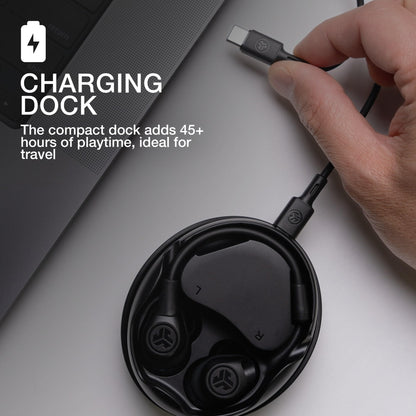 JLab Work Buds in-Ear True Wireless Headset with Detachable Noise-Canceling Boom Mic, Black, Long 55+ Total Hours Playtime, Bluetooth Multipoint, USB-C Charging Dock