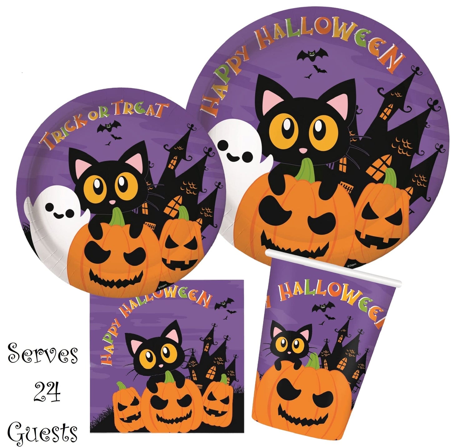 Serves 24 Complete Party Pack Cute Halloween Cats Monsters and Ghosts Includes Plates Cups Napkins Table Cover Balloons Picks Curtains Banner Halloween Party Decorations Halloween Party Supplies