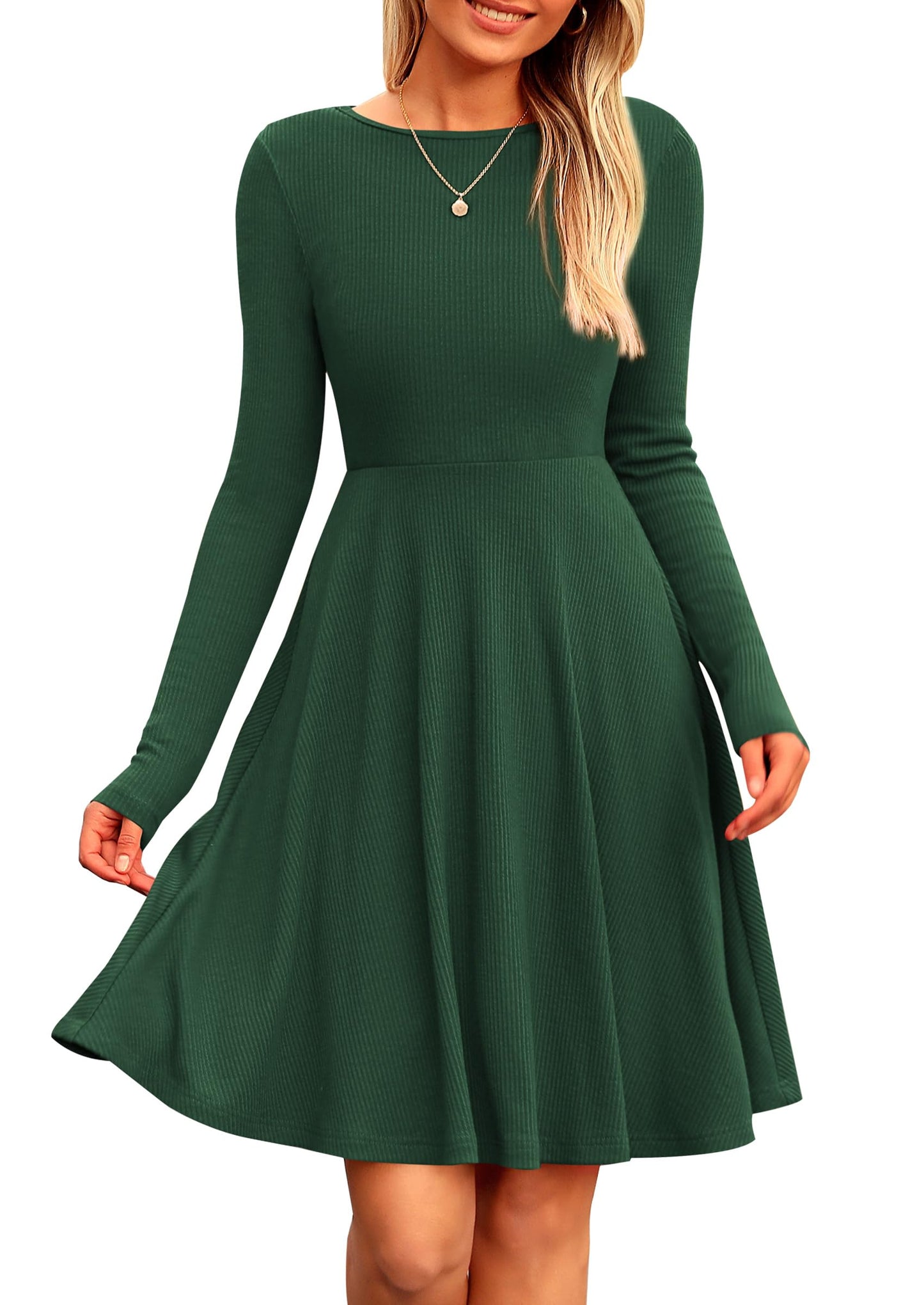 PRETTYGARDEN Women's Fall Short Dress Ribbed Knit Crewneck Long Sleeve A Line Flowy Casual Elegant Going Out Winter Dresses (Dark Green,Large)