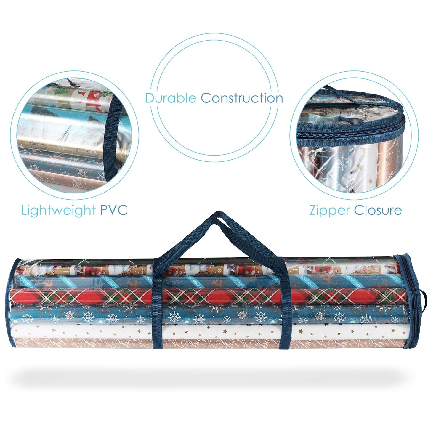 Hearth & Harbor Wrapping Paper Storage Container - Clear Wrapping Paper Holder Fits Up To 14 Rolls of 40" - Tear Proof Gift Wrap Organizer - Premium Bag for Easy Carrying, Blue