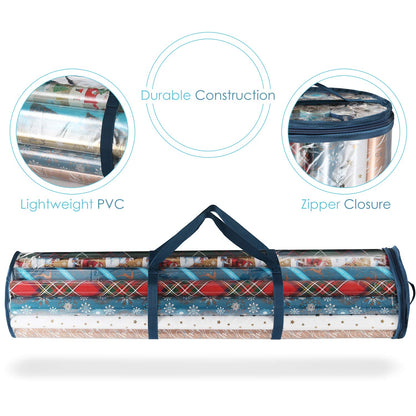 Hearth & Harbor Wrapping Paper Storage Container - Clear Wrapping Paper Holder Fits Up To 14 Rolls of 40" - Tear Proof Gift Wrap Organizer - Premium Bag for Easy Carrying, Blue