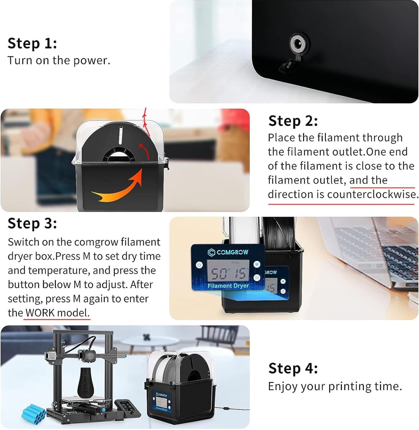 Comgrow 3D Printer Filament Dryer Box SH01, 3D Filament Storage, Keeps Filaments Dry During 3D Printing, Compatible with 1.75mm/2.85mm PLA PETG ABS Material, Filament Dryer, Spool Holder