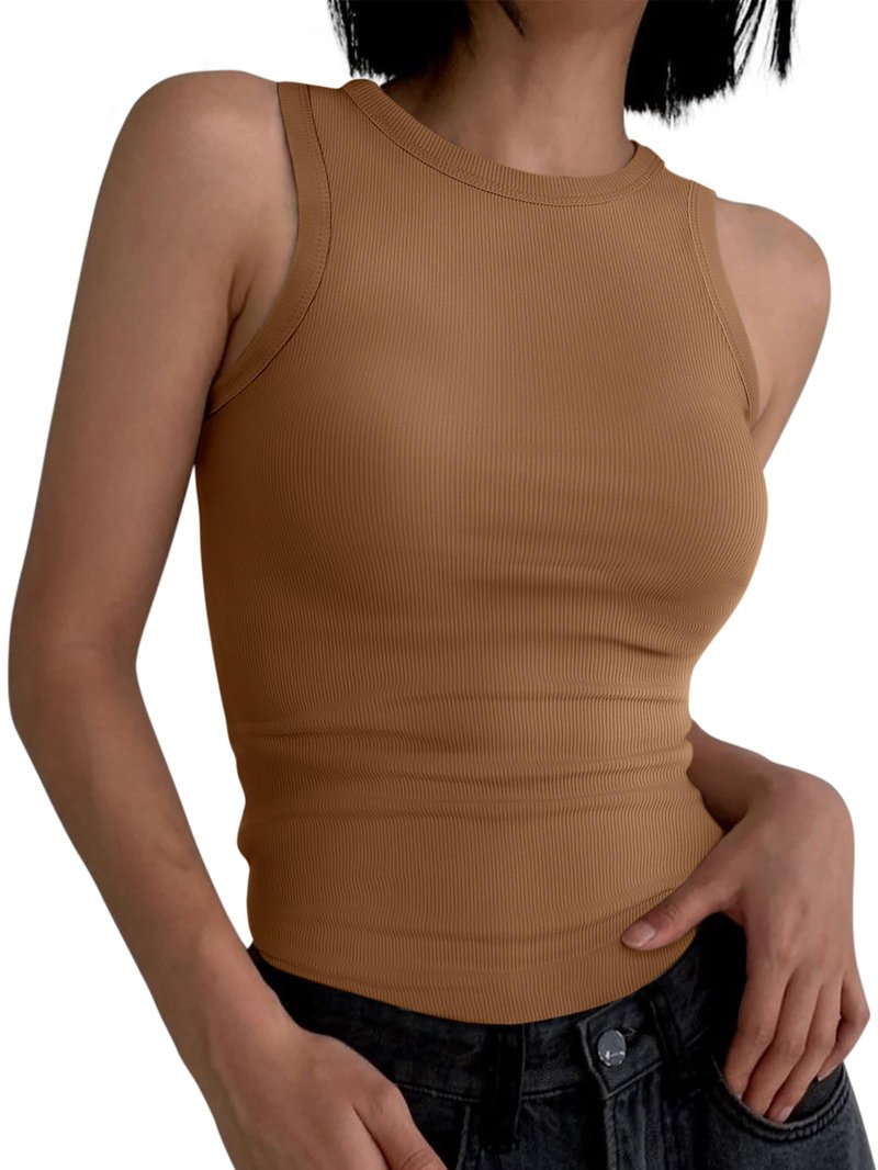 ANRABESS Womens Sleeveless High Neck Tank Tops Fashion Summer Casual Basic Slim Fit Ribbed Racerback Top Shirt Clothes Coffee Small