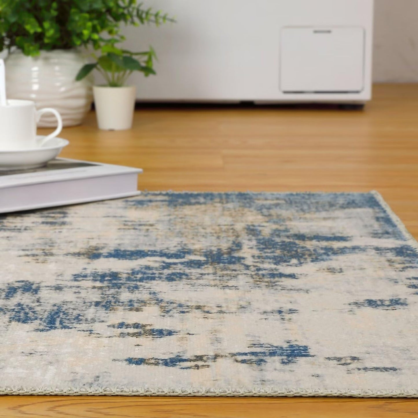 FairOnly Washable Rug Modern Area Rug 8x10 Low Pile Bedroom Rug, Thin Living Room Rug with Non Slip Backing No Shedding Large Area Rug Lightweight Abstract Machine Washable Rug for Home, Blue/Yellow