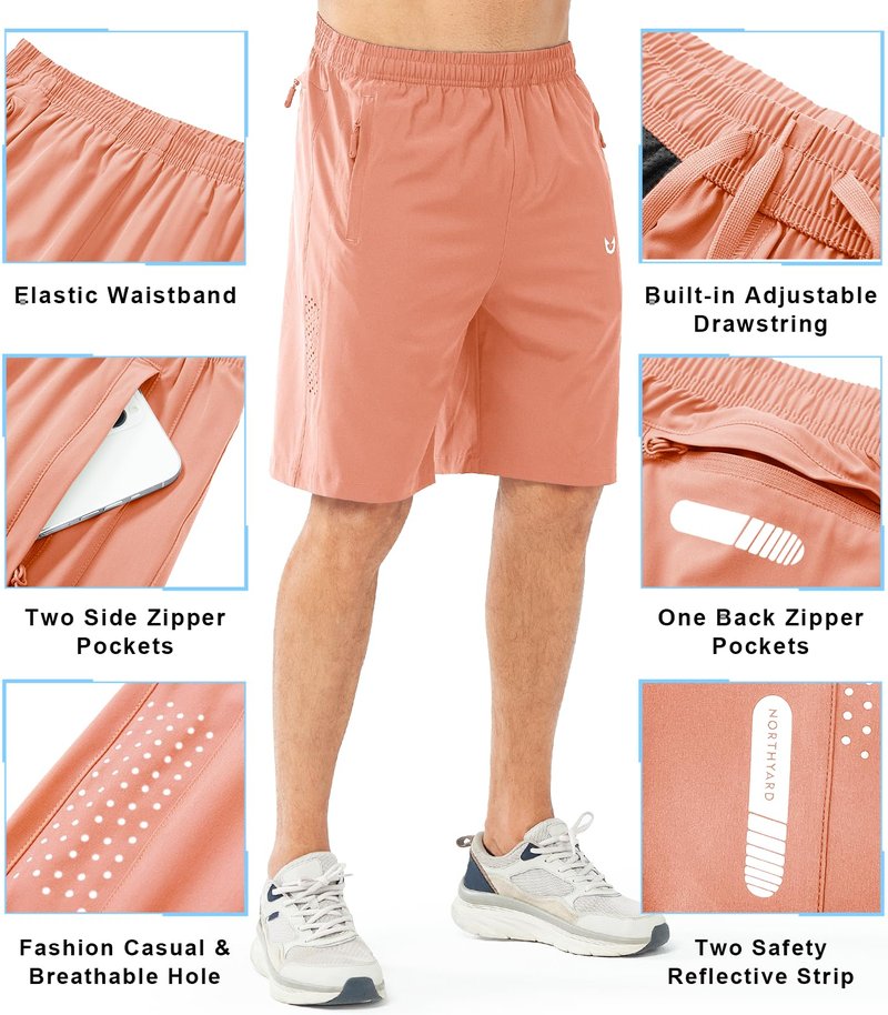 NORTHYARD Men's Athletic Running Shorts Gym Workout 7"/9"/5" Quick Dry Lightweight Sports Basketball Tennis 3 Zipper Pockets PINKORANGE-9inch XL