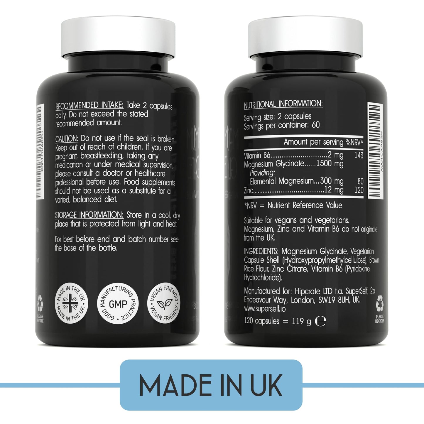 Magnesium Glycinate Supplement - 1500mg Magnesium Bisglycinate Capsules with Zinc & Vitamin B6-120 Tablets High Strength Complex - 300mg Chelated Supplement with Zinc - Advanced Absorption - UK Made