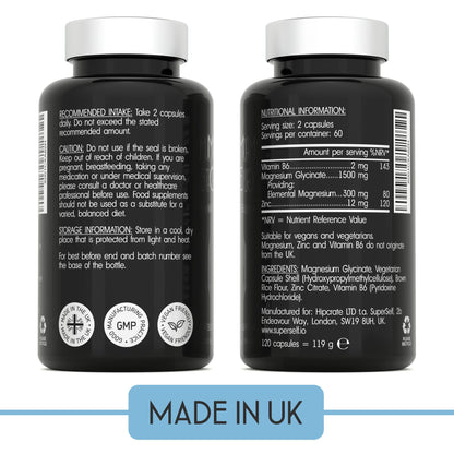 Magnesium Glycinate Supplement - 1500mg Magnesium Bisglycinate Capsules with Zinc & Vitamin B6-120 Tablets High Strength Complex - 300mg Chelated Supplement with Zinc - Advanced Absorption - UK Made