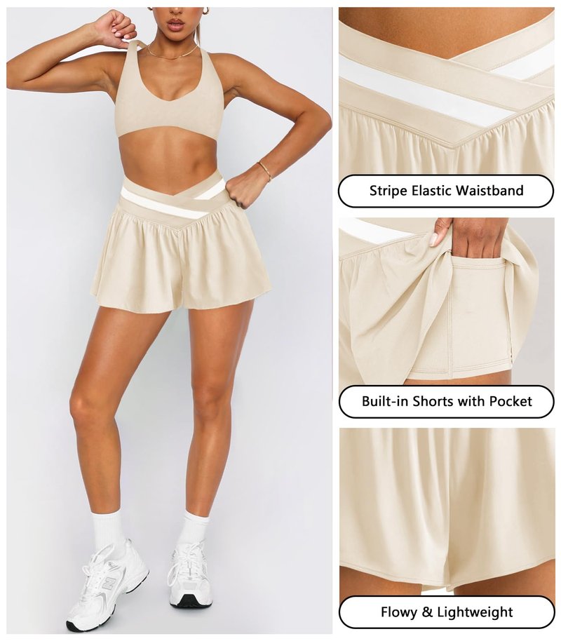 Hragc Womens Athletic Workout Apricot Shorts Flowy Butterfly Elastic Crossover High Waisted 2 in 1 Running Shorts with Pockets for Women Large