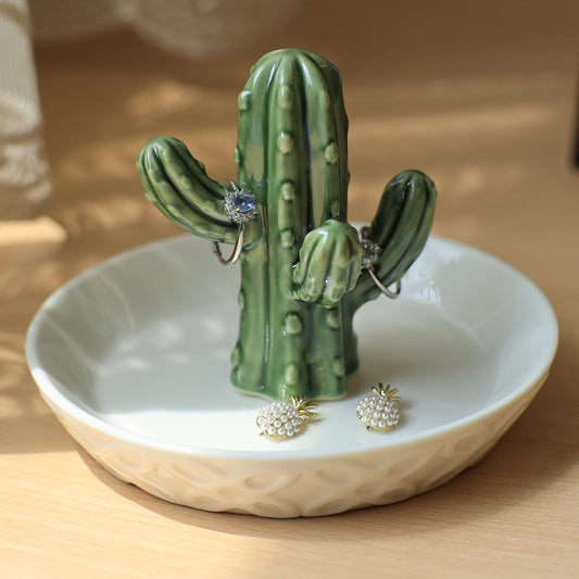 HOME SMILE Ceramic Cactus Ring Holder Cactus Ring Dish for Jewelry Cactus Decor for Friend Sister Birthday Wedding Anniversary Bridal Engagement Valentine's Gift for Women
