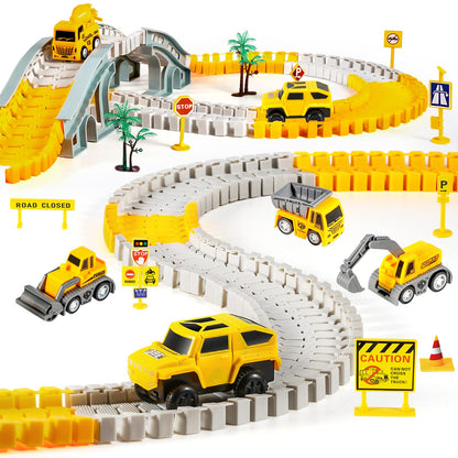 260 PCS Construction Race Tracks for Kids Toys, 2 Electric Cars, 4 Construction Cars, 1 Map & Flexible DIY Track Set, Engineering Presents for 3 4 5 6 Year Old Boys Girls