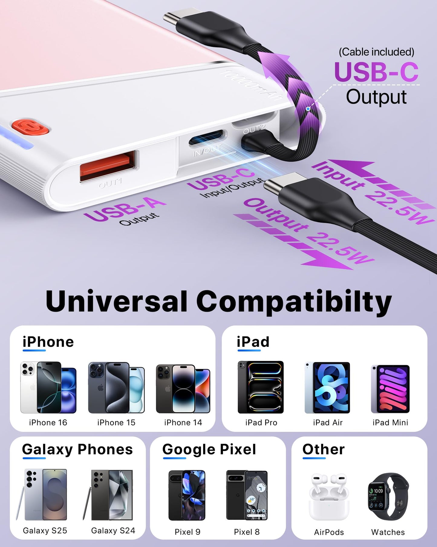 Portable Charger Power Bank, 10000mAh 22.5W PD Super Fast Charging Powerbank with Built-in USB C in&Out Cable, Slim External Phone Battery Pack for iPhone 17/16/15 iPad Samsung S24 Android etc