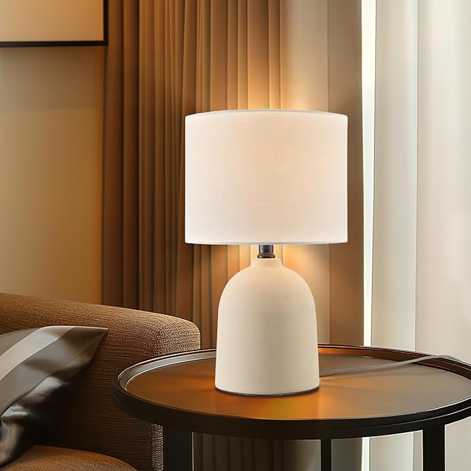 GLOBE Electric 61000142 15" Table Lamp, Ceramic, Light Concrete Finish, White Linen Shade, Rotary Switch on Socket, 5-Foot Clear Cord, Bedroom, Home Décor, Nightstand