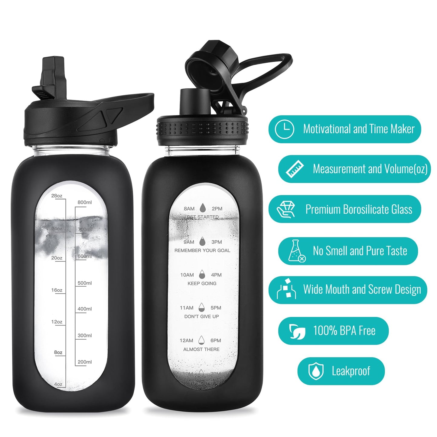 EALGRO 32 oz Glass Water Bottle with Straw and Handle, Sports Motivational Water Flask with Silicone Sleeve, Large Leakproof Water Flask Cup with Time Marker for Travel, Gym, Black