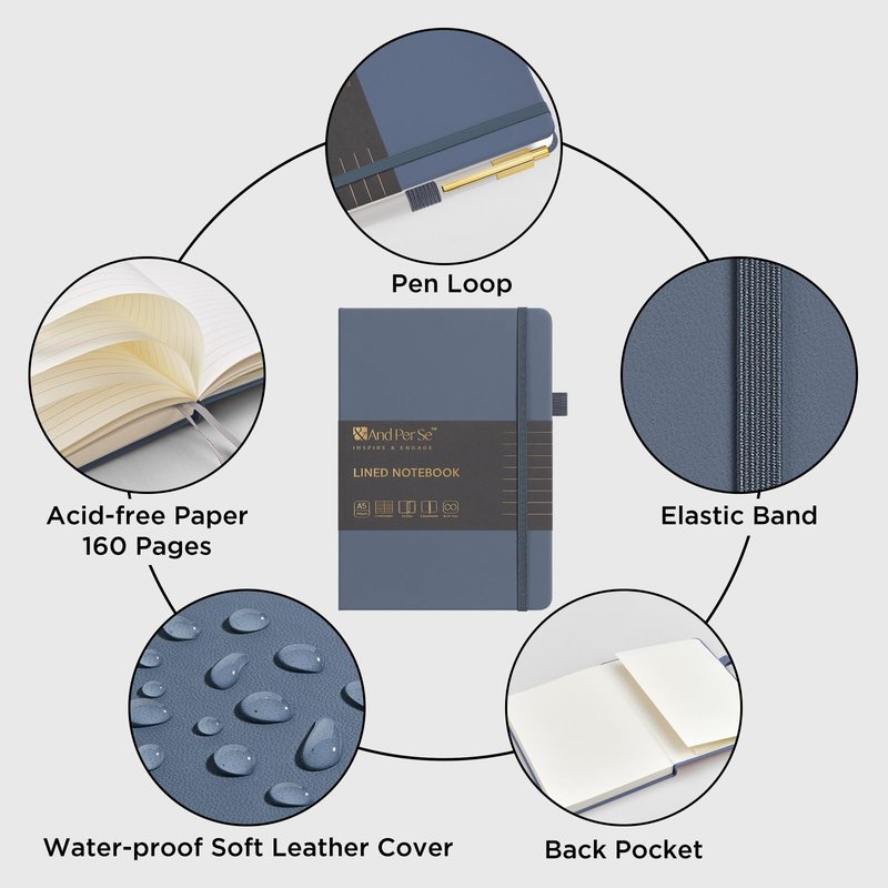&And Per Se Lined Journal and Pen Set, A5 Leather Hardcover Notebook with Pen & Stationary Set, 160 Pages 100GSM Thick Ruled Paper Journal for Business Work Writing (Dark Blue)