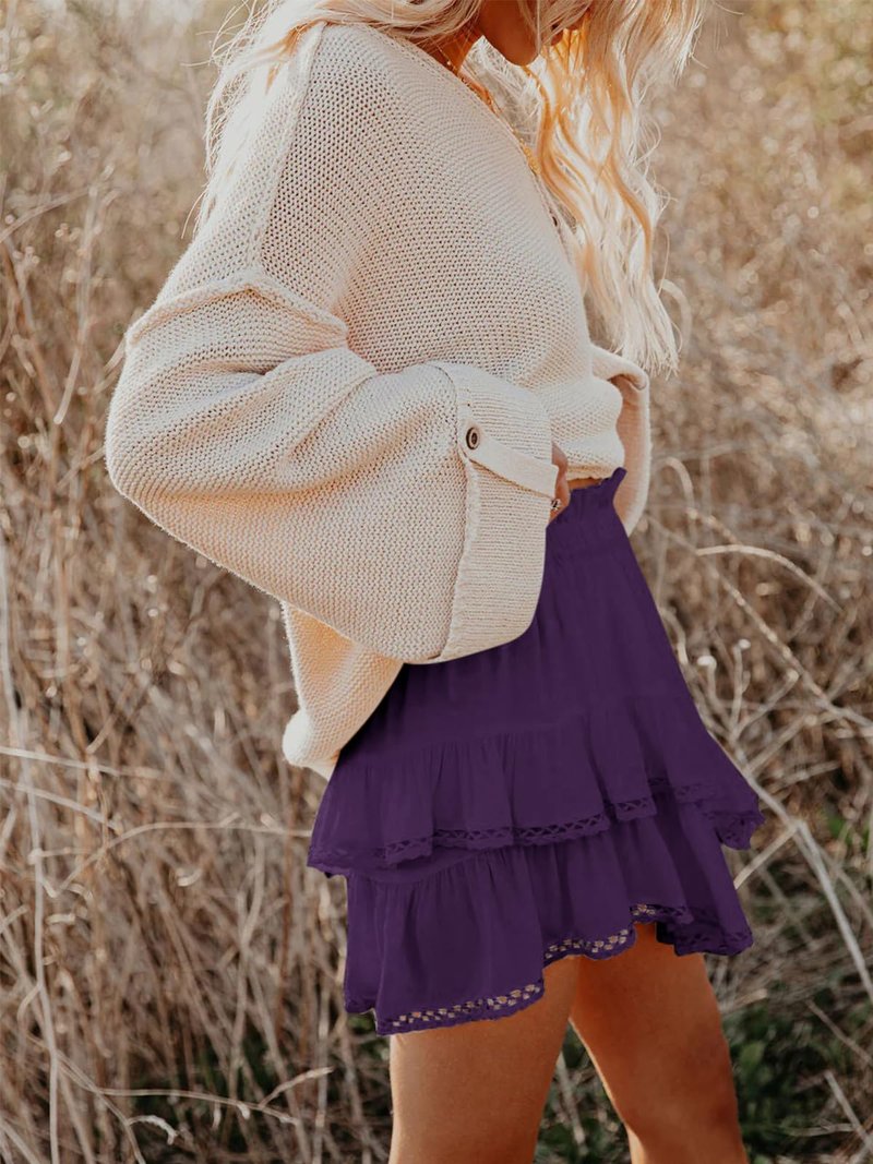 Aoudery Flowy Shorts for Women Casual Boho Ruffle Tiered Skorts High Waist Mini Skirts Golf Tennis Butterfly Crochet Shorts - Dark Purple XS