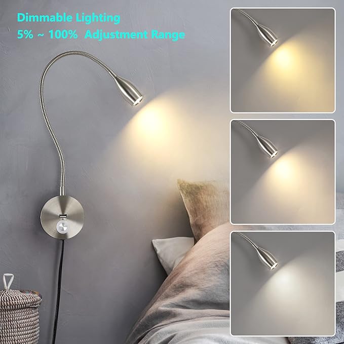 Dimmable Reading Light Plug in Wall Mounted Bedside Headboard Reading Light Task Directional Gooseneck LED Light 3W Output (Brushed Nickel, 120V Plug in, Warm White)
