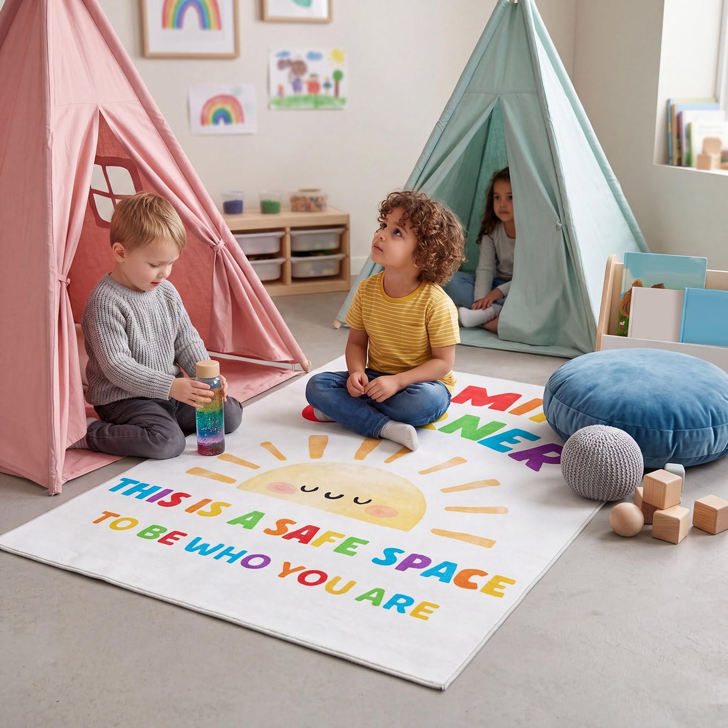 Maasechs 3 x 4 ft Calming Corner Classroom Rug, Sunshine Boho Area Carpet Corner Items Rug Educational Soft Floor Mat for Nursery Homeschool Playroom Elementary Back to School(Rainbow)