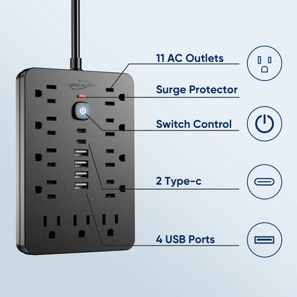 6 FT Flat Plug Surge Protector Power Strip,11 Multiple AC Outlets with 6 USB Ports (2 USB C), 6 Feet Extension Cord, 1250W/10A, One Touch Switch Button, 17 in 1 Compact powerstrip