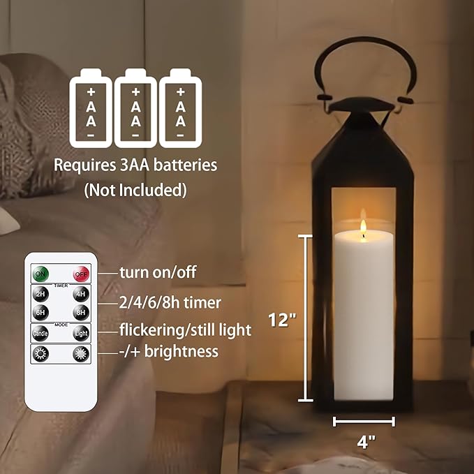 4" x12" Flameless Flickering Remote White Candles with Candle Grease and Timer, LED Battery Operated Fake Real Wax 3D-Wick Pillar Candles, Pack of 1