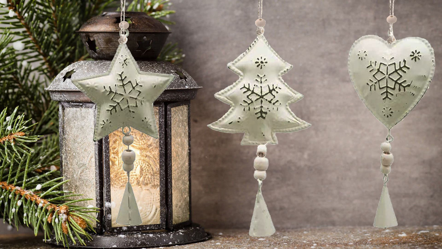 Clearance Farmhouse Ornaments White Rustic Galvanized Primitive Christmas Tree Decor 3D Pedant Chimes Hangings Home Arch Fireplace Decoration Indoor Outdoor (6 pcs Metal Farm House pedants)