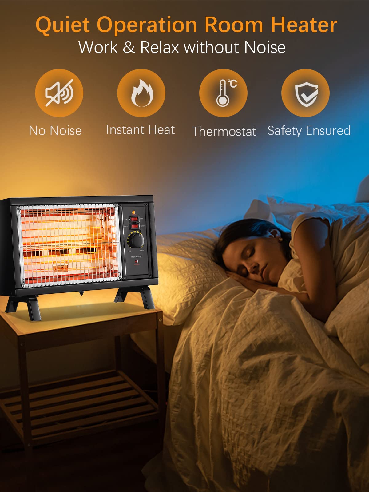 JASUN Portable Space Heater Electric Radiant Heater Fast Heating with Adjustable Thermostat, Portable Indoor Heater with Handle Quiet Energy-Saving 1250W/1500W for Office Home Garage Bedroom Black