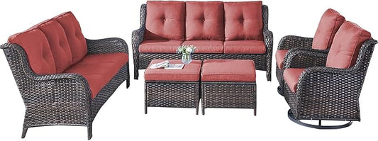 Rilyson Wicker Patio Furniture Set - 6 Piece Rattan Outdoor Sectional Conversation Sets with 2 Rocking Swivel Chairs,2 Ottomans and 2 Sofa for Porch Deck Garden(Brown/Red)