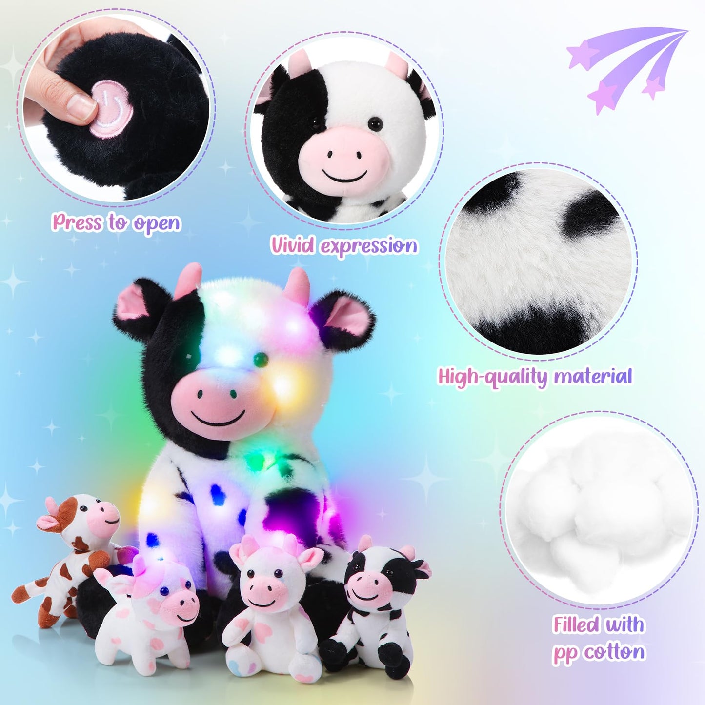 Sumind 5 Pcs Cow Stuffed Animal Set 13.78 Inch Mommy Cow Plush Toy with 4 Baby Cute Calf in Her Tummy Large Stuffed Animals with Babies Inside for Christmas Toddlers Girls(LED)