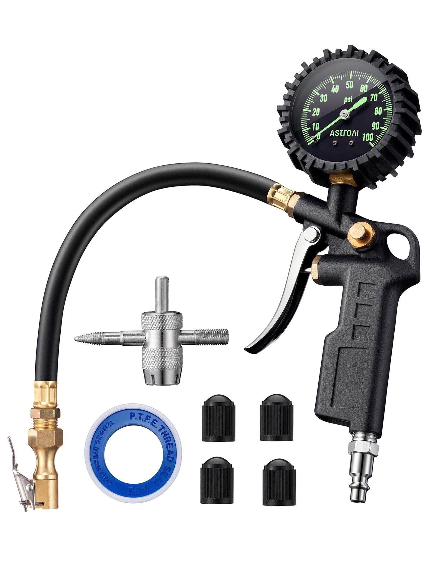 AstroAI Tire Pressure Gauge with Inflator, 100 PSI-ANSI B40.1 Accurate, Large 2.5" Easy Read Glow Dial, Heavy Duty Air Chuck and Compressor Accessories with Rubber Hose and Quick Connect Coupler