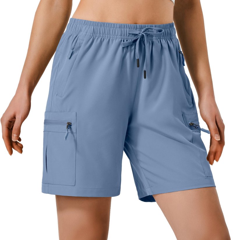Hugut Women's Lightweight Hiking Cargo Shorts Quick Dry Athletic Shorts Camping Travel Golf Zipper Pockets Water Resistant Stone Blue