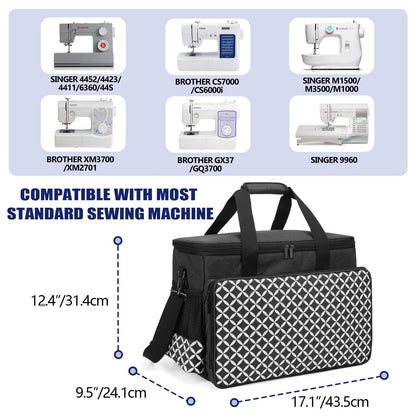 Yarwo Sewing Machine Carrying Case with Bottom Wooden Board, Universal Sewing Machine Bag Compatible with Most Major Sewing Machine and Accessories, Black with Oval Pattern