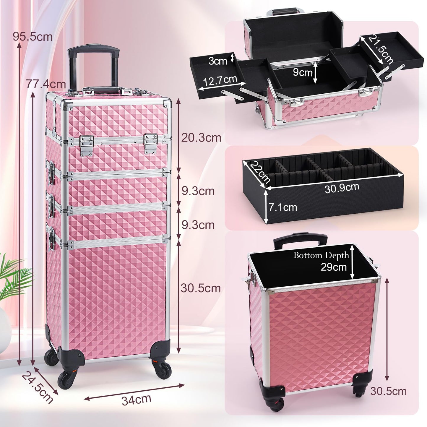 Joligrace Makeup Organiser 4-in-1 Beauty Case on Wheels Vanity Case Pink Trolley Nail Polish Organiser