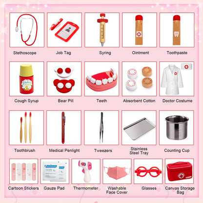 Sundaymot Doctors Set for Kids, 32 PCS Role Play Doctors Case, Children's Wooden Play Set, Dentist Wood with Real Stethoscope, Thermometer, Dental Case, Red Medical Toy Gift for Girls Boys 3 4 5 Years