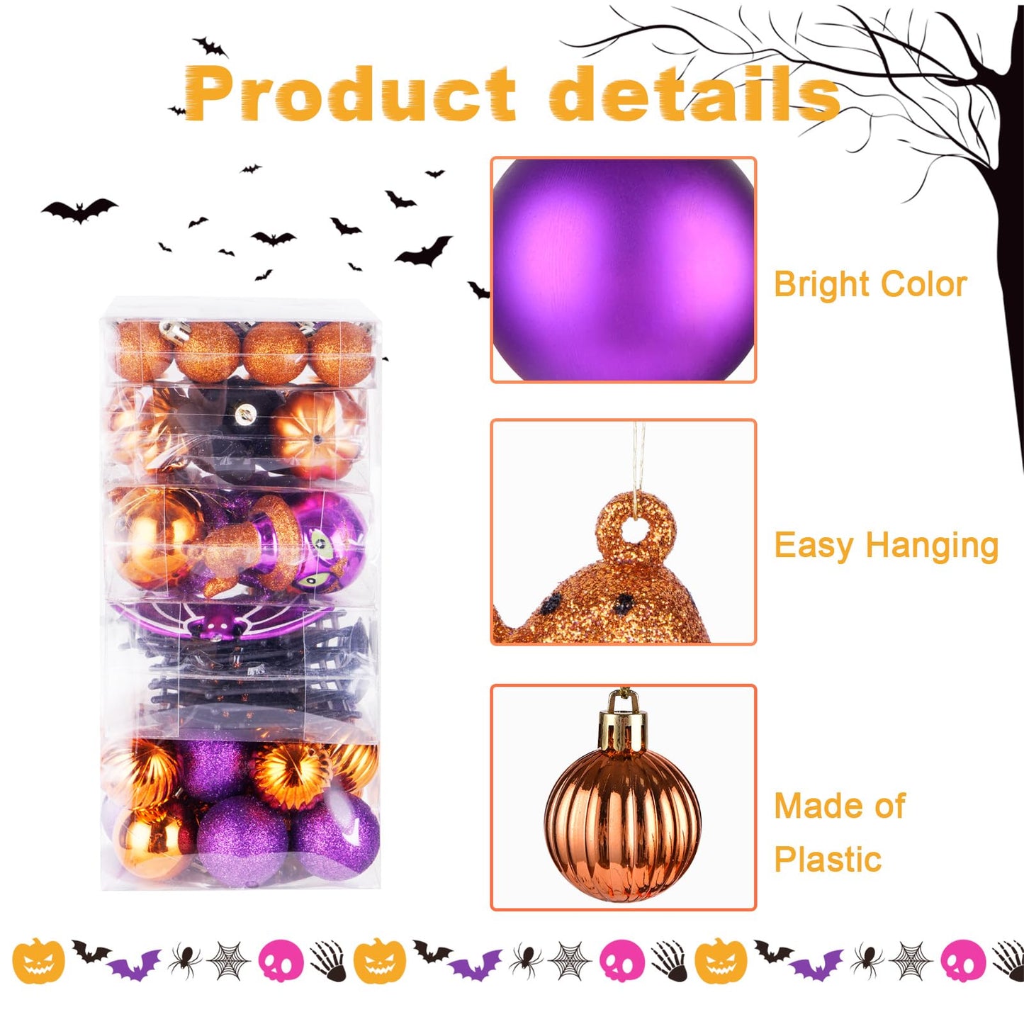 56pcs Halloween Hanging Ornaments for Tree Decorations, Shatterproof Plastic Hanging Halloween Ball Pendants with Pumpkin, Witches Hat Signs, Halloween Tree Decor Party, Holiday, Home (Multi New)