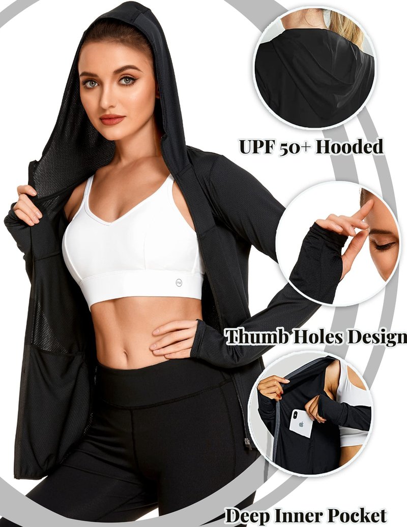 COOrun Women's UPF 50+ Sun Protection Hoodie Jacket Lightweight Full Zip Running Jacket Athletic Workout Top with Thumb Holes Zipper Pockets Black M