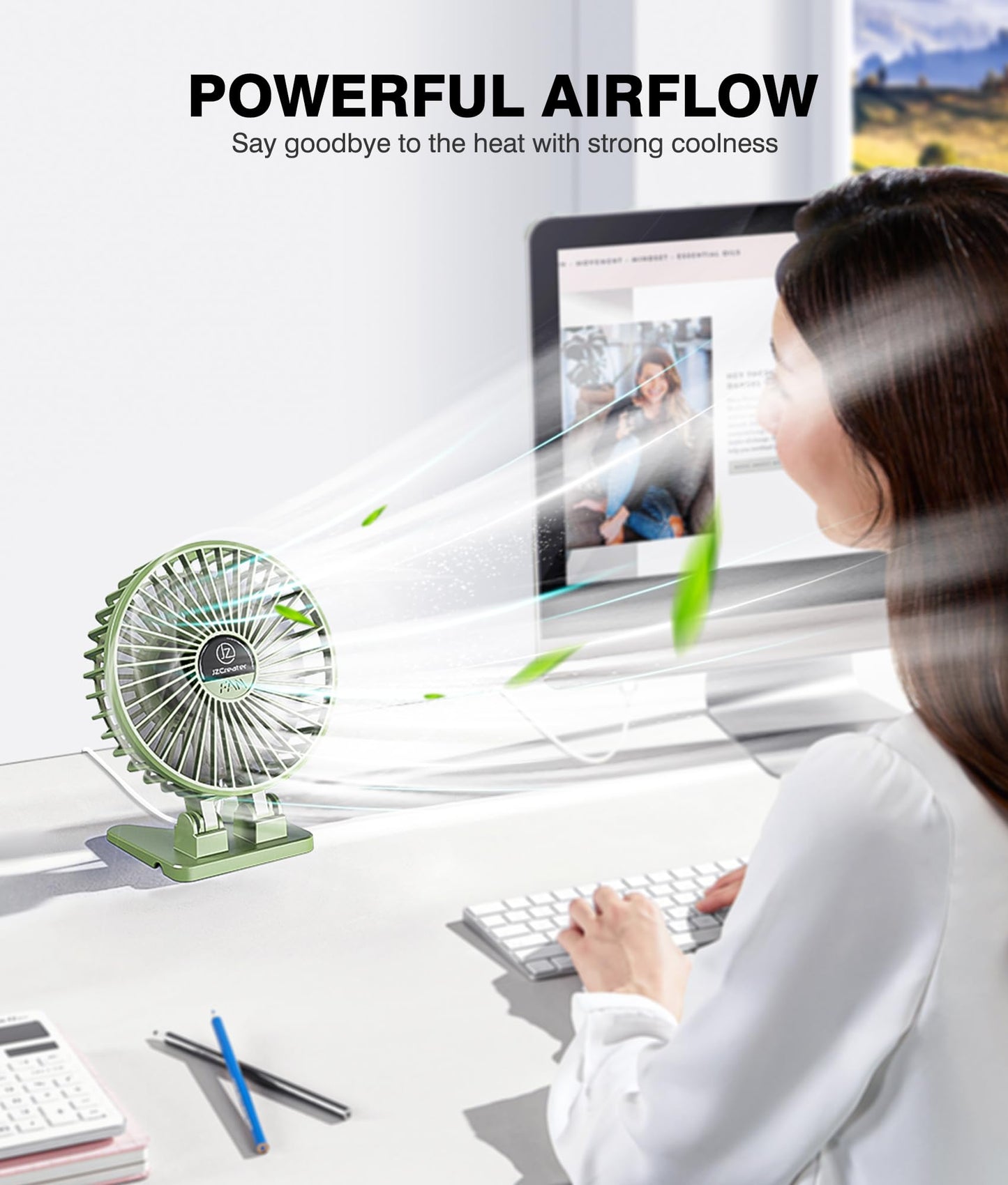 JZCreater USB Desk Fan, Mini Fan Portable, 3 Speeds Desktop Table Cooling Fans, Plug in Power Fans, Rotation Strong Wind, Quiet Personal Small Fan for Home Desktop Office Travel Bedroom, Army Green