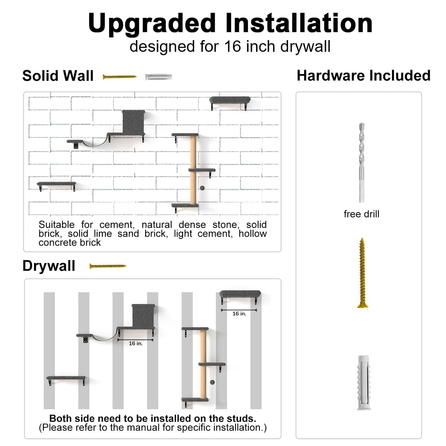 FUKUMARU Cat Wall Shelves, Stable & Safe 4 in 1 Cat Furniture Set, Wooden Climbing Wall with Scratching Post for 16 Inch Drywall - Gray