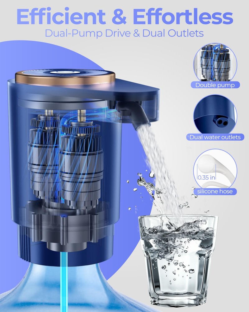 Cozycharm Water Jug Pump for 5 Gallon Bottle – Portable Electric USB-C Charging Dispenser, Dual Powerful Motors, Fast Flow, Fits 2-5 Gallon Jugs – Ideal for Home, Office, Camping, RV, Blue