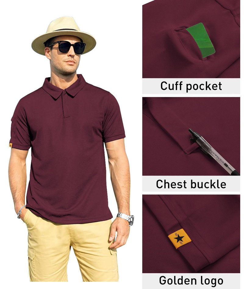 ZITY Mens Polo Shirt Short Sleeve Sports Tactical T-Shirt Athletic Golf Polos Daily Casual Stylish Collared Shirts for Men Wine Red X-Large
