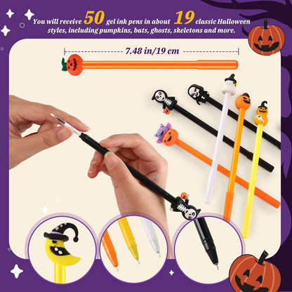 SANNIX 50 Pieces Halloween Pens, Fun Cartoon Pumpkin Ghost Skull Bat Gel Ink RollerBall Pens for Kids Gift School Class Birthday Party Supplies Halloween Party Favors