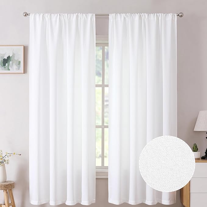 Tollpiz Short Linen Curtain Bedroom Rod Pocket Semi Sheer Curtains Burlap Light Filtering Thick Linen Drape for Living Room, 38 x 54 inches Long, White, Set of 2 Panels