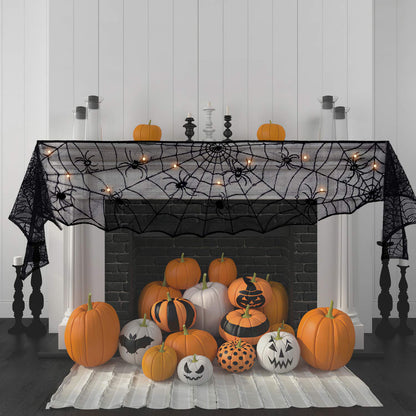 FUN LITTLE TOYS Halloween Decorations Indoor - Mantel with String Lights Lace Spiderweb Decor Inside for Home Party Supplies (18 x 96 inch)