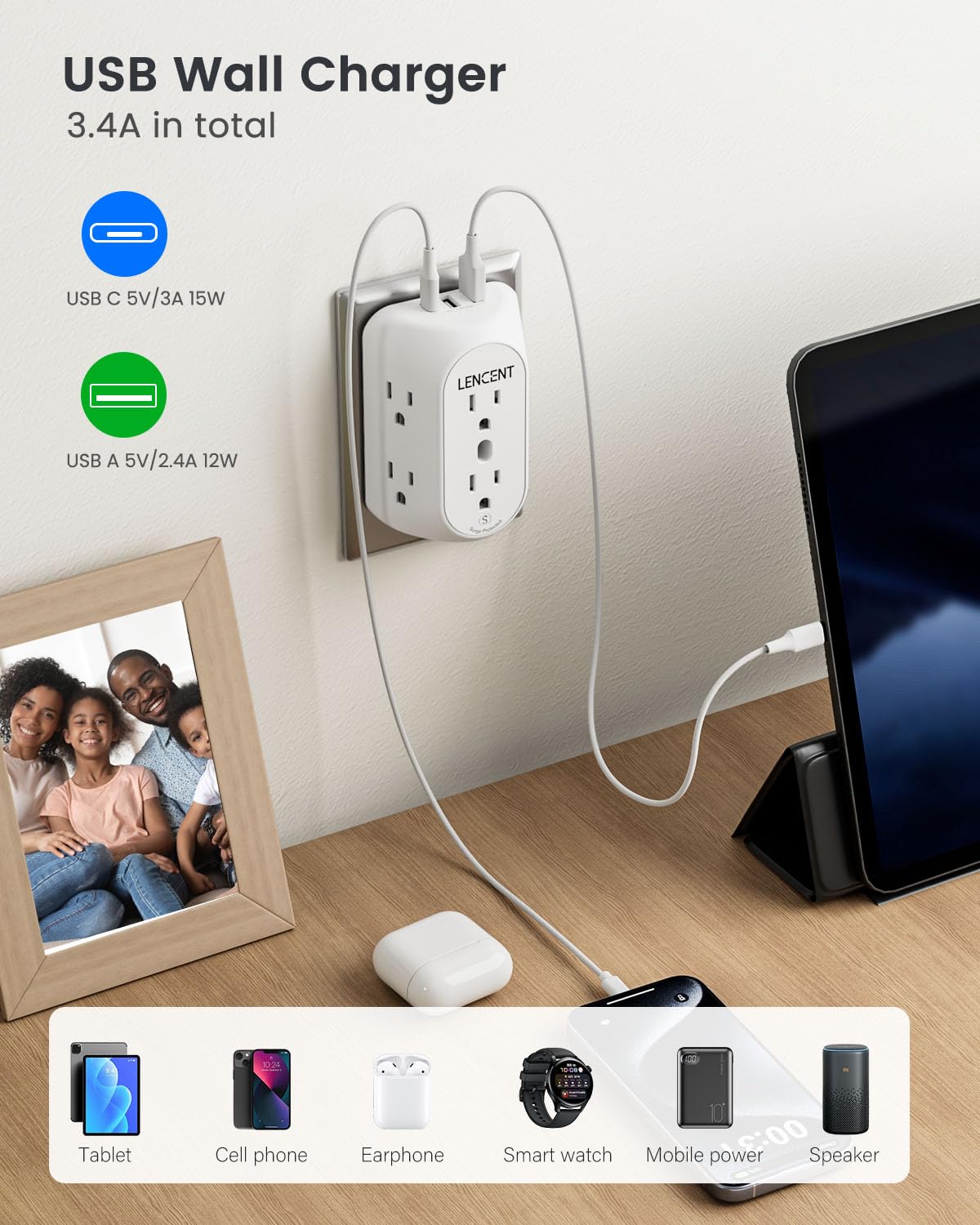 LENCENT 2 Prong Power Strip, 3 to 2 Prong Grounding Outlet Adapter 6 Outlet 1 Type C&2 USB 3.4A, Polarized Plug, 1728J Surge Protector, 3-Sided Wide Spaced Extender,Wall Mount for Non-Grounded Outlet